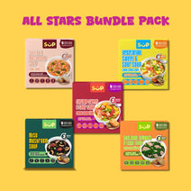 All Stars Bundle Pack of freeze-dried soups: Shiitake Mushroom, Vegetarian Sweet & Sour, Shrimp Sweet & Sour, Miso Mushroom, Malabar Spinach & Crab