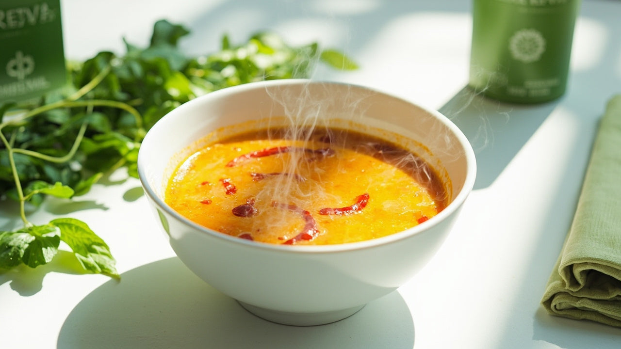steaming asian soup with fresh herbs and green packaging on a bright white table