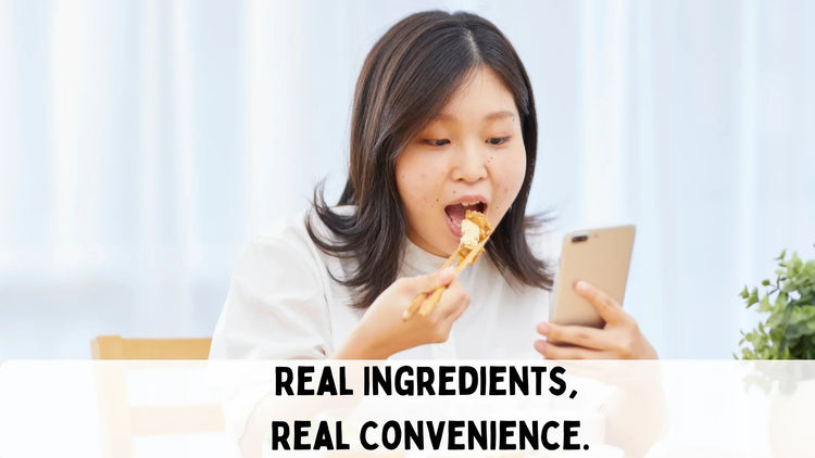 girl busy on phone eating a quick meal with words describing below "real ingredients, real convenience".