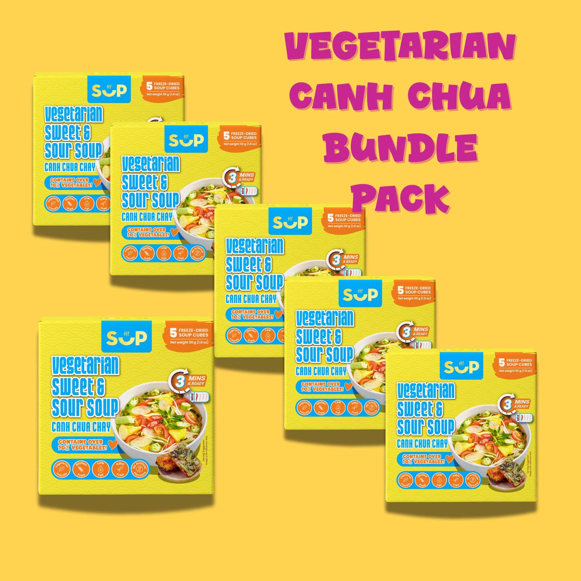 Vegetarian sweet and sour soup freeze-dried cubes bundle pack with bright yellow packaging and vegetable soup image