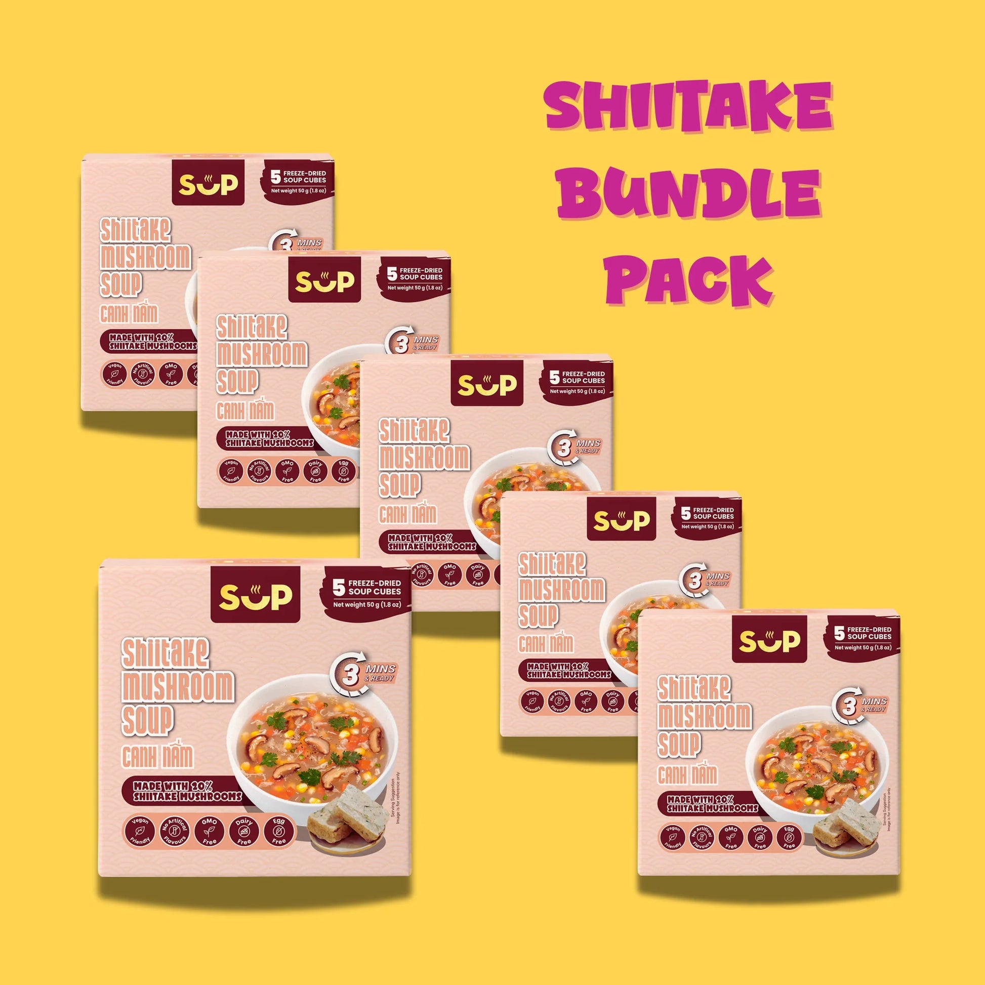 Bundle pack of Shiitake Mushroom Soup freeze-dried cubes with vegetables on yellow background