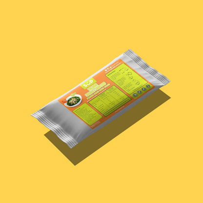 Malabar spinach soup powder packet with ingredients and preparation instructions on orange and green label