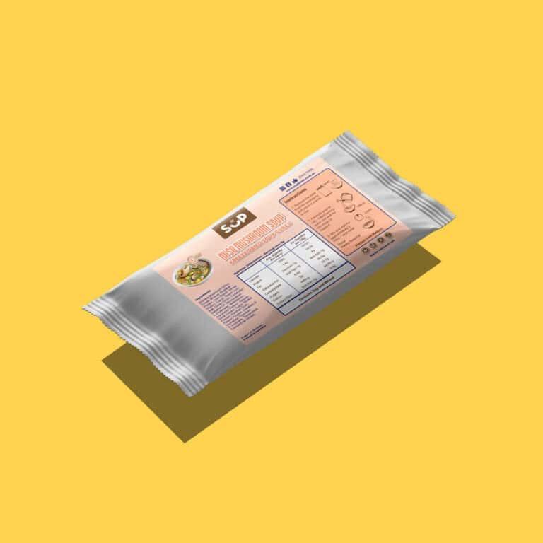 Shittake mushroom soup package with nutritional facts and preparation instructions on yellow background