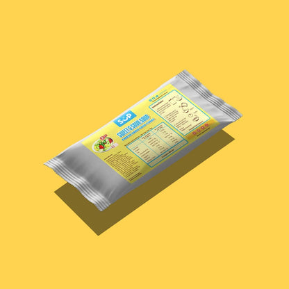 Package of vegan freeze-dried Sweet & Sour Soup cubes on yellow background with nutritional info