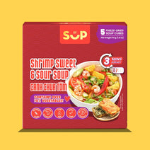 Red Sup brand Shrimp Sweet & Sour Soup instant cubes box with vegetable-rich soup image and nutrition icons